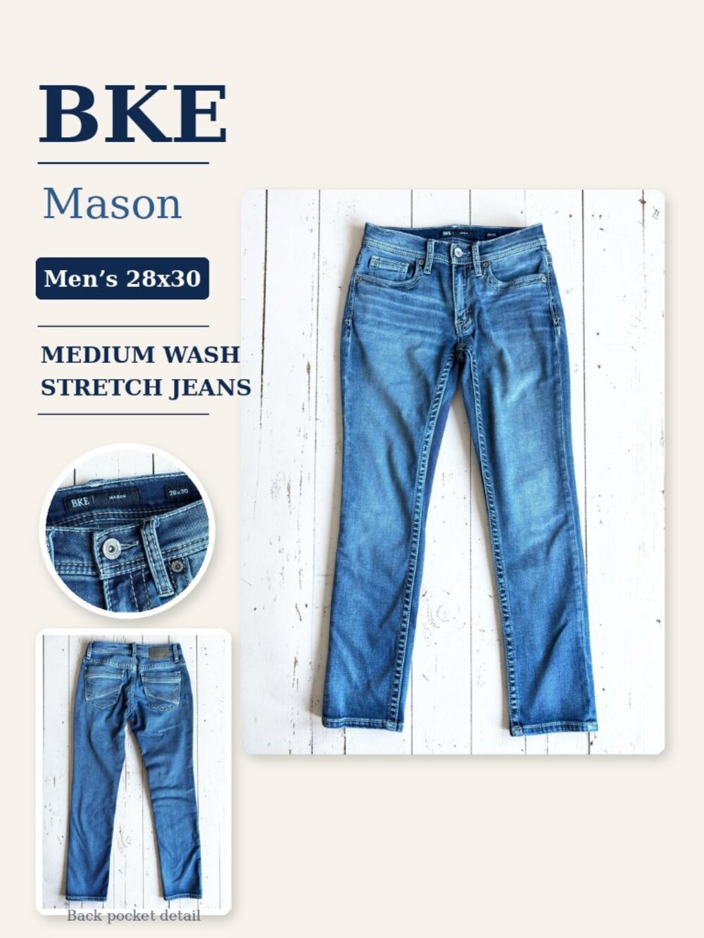 BKE Mason Men’s Jeans 28x30 Medium Wash Stretch Tapered Straight Denim